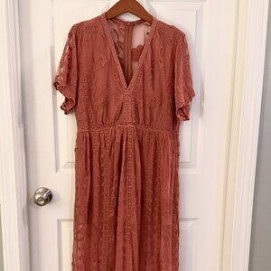 Terracotta Lace Mesh See Through Maxi Dress With Slit and Shorts Size Medium